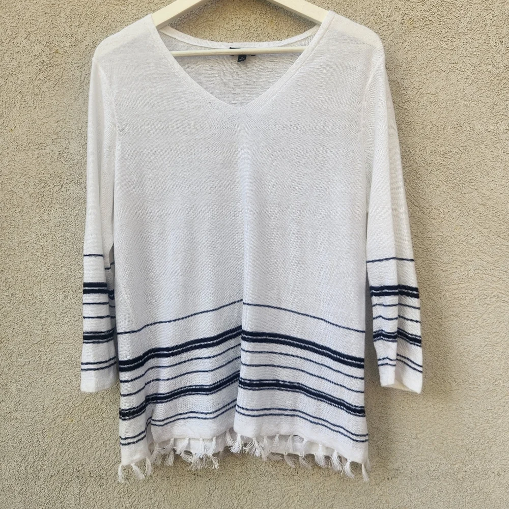 TALBOTS Women's Sweater Medium White 100% Linen Nautical Fringe Summer Beachy - Picture 1 of 10